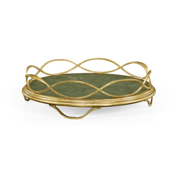 Jonathan Charles Round Tray Interlaced in Green Shagreen - Gilded 1
