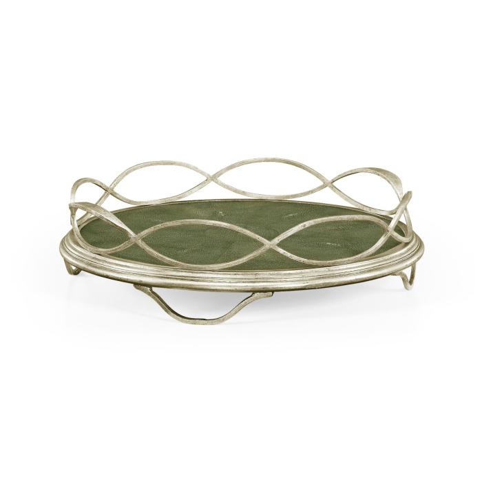 Jonathan Charles Round Tray Interlaced in Green Shagreen - Silver 1