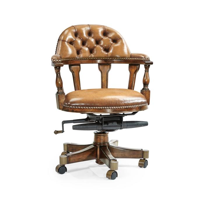 Jonathan Charles Desk Chair Captain Style in Walnut - Antique Chestnut Leather 1