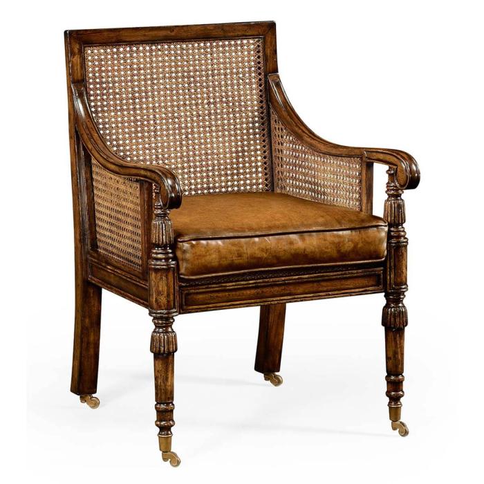 Cane Bergere Chair with Leather Seat 1