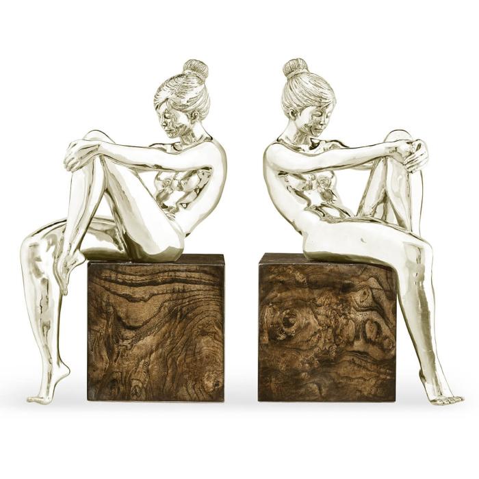 Jonathan Charles Nude Girl Figurine Bookends - White Brass 1