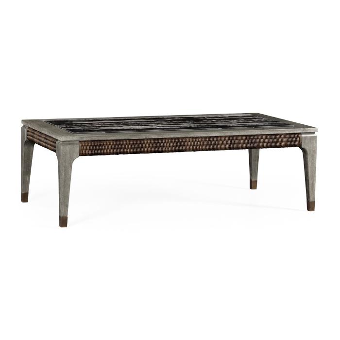 Jonathan Charles Rectangular Grey & Rattan Coffee Table with a Black Marble Top 1