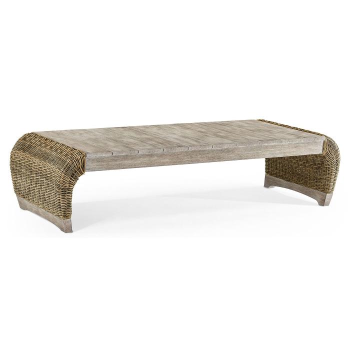 Jonathan Charles Rectangular Navajo Sand & Rattan Cocktail Table with Curved Ends 1