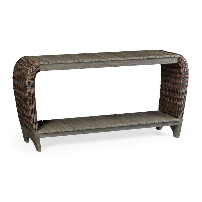 Jonathan Charles Rectangular Grey & Rattan Console Table with Curved Ends 1