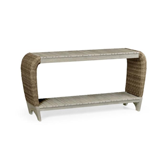 Jonathan Charles Rectangular Navajo Sand & Rattan Console Table with Curved Ends 1