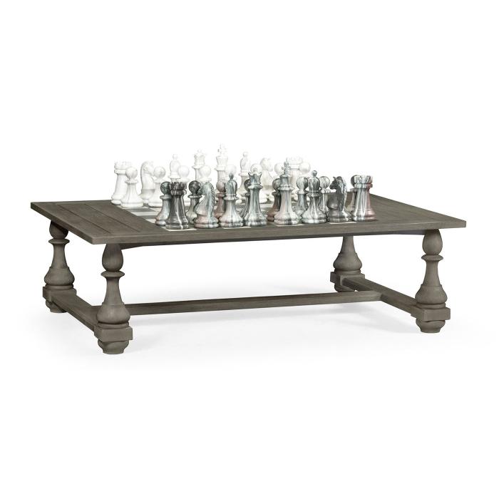Jonathan Charles Rectangular Grey Games Coffee Table with Faux Marble Top and Chess & Checker Pieces 1