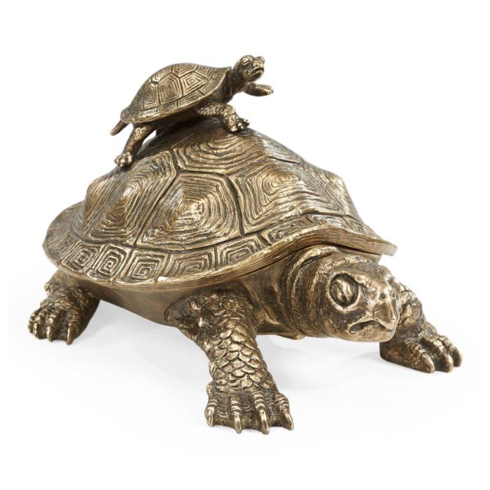 Jonathan Charles Turtle Figurine Box with Hatchling - Antique Brass 1