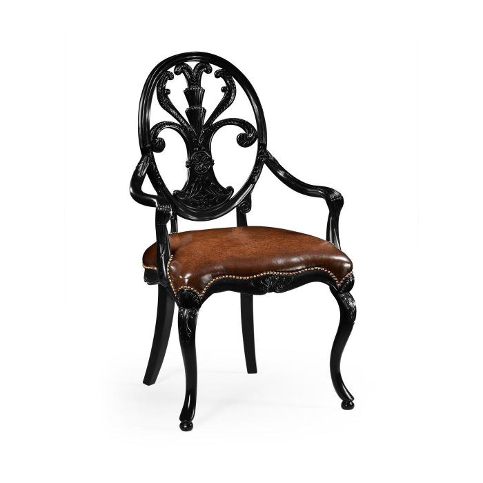 Jonathan Charles Dining Armchair Sheraton Painted Black - Chestnut Leather 1