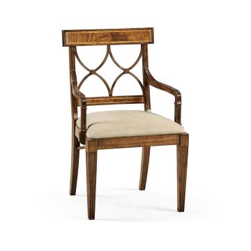 Jonathan Charles Regency crotch walnut curved back arm chair