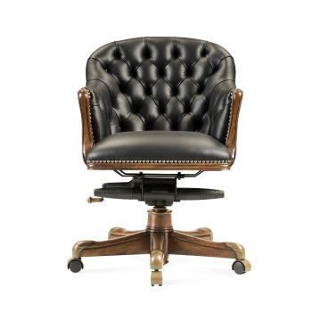 Buttoned black leather desk chair low back