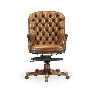 Office Chair Chesterfield High Back in Walnut - Antique Chestnut Leather