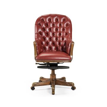 Office Chair Chesterfield High Back in Walnut - Red Leather