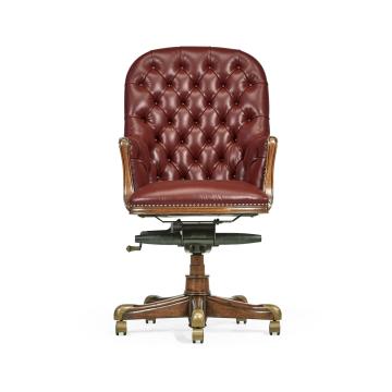 Office Chair Chesterfield High Back in Walnut - Rich Red Leather