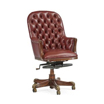 Office Chair Chesterfield High Back in Walnut - Rich Red Leather