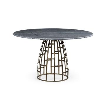 51" Round Geometric Dome Brass Dining Table with a Grey Marble Top