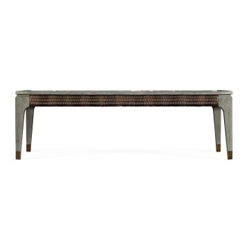 Rectangular Grey & Rattan Coffee Table with a Black Marble Top