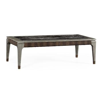 Rectangular Grey & Rattan Coffee Table with a Black Marble Top