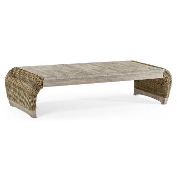Rectangular Navajo Sand & Rattan Cocktail Table with Curved Ends