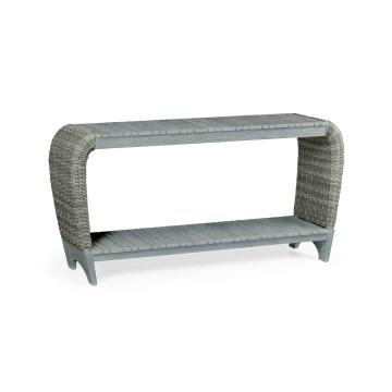 Rectangular Cloudy Grey & Rattan Console Table with Curved Ends