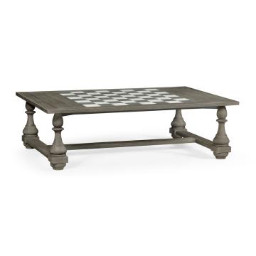 Rectangular Grey Games Coffee Table with Faux Marble Top and Chess & Checker Pieces