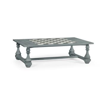 Rectangular Cloudy Grey Games Coffee Table with Faux Marble Top and Chess & Checker Pieces