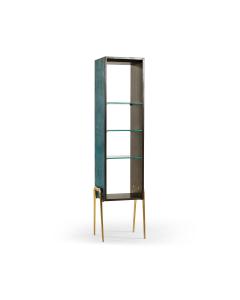Teal faux shagreen and brass legged etagere, Green