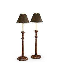 Pair of walnut candlestick lamps - in component form - unwire
