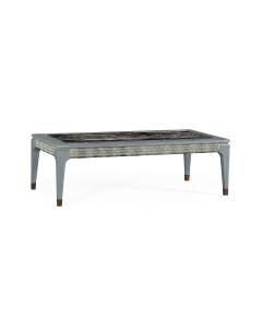Rectangular Cloudy Grey & Rattan Coffee Table with a Black Marble Top