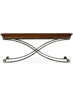 Brown mahogany coffee table with antique iron base